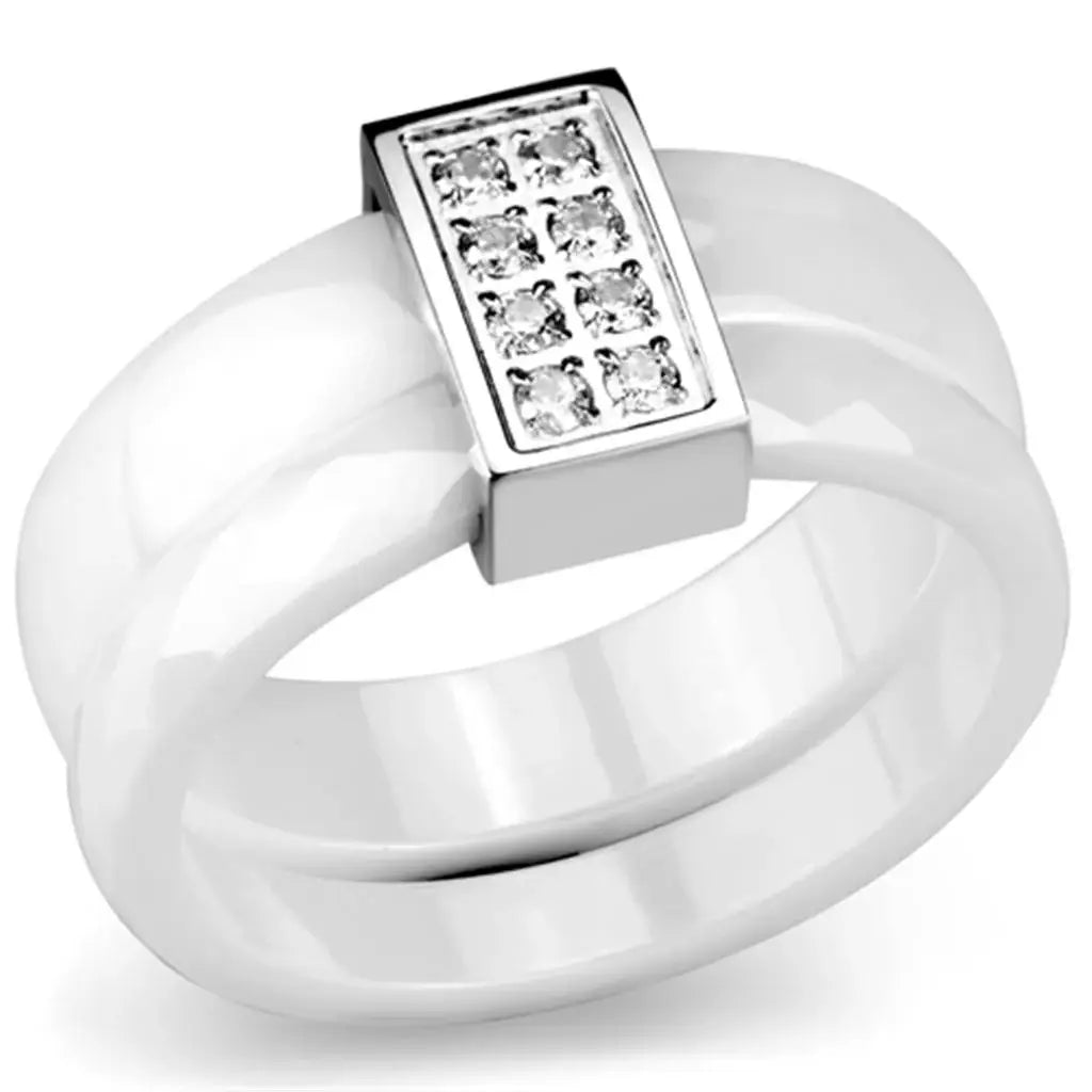 3W979 - High polished (no plating) Stainless Steel Ring with Ceramic in White - Alamode - Flyclothing LLC