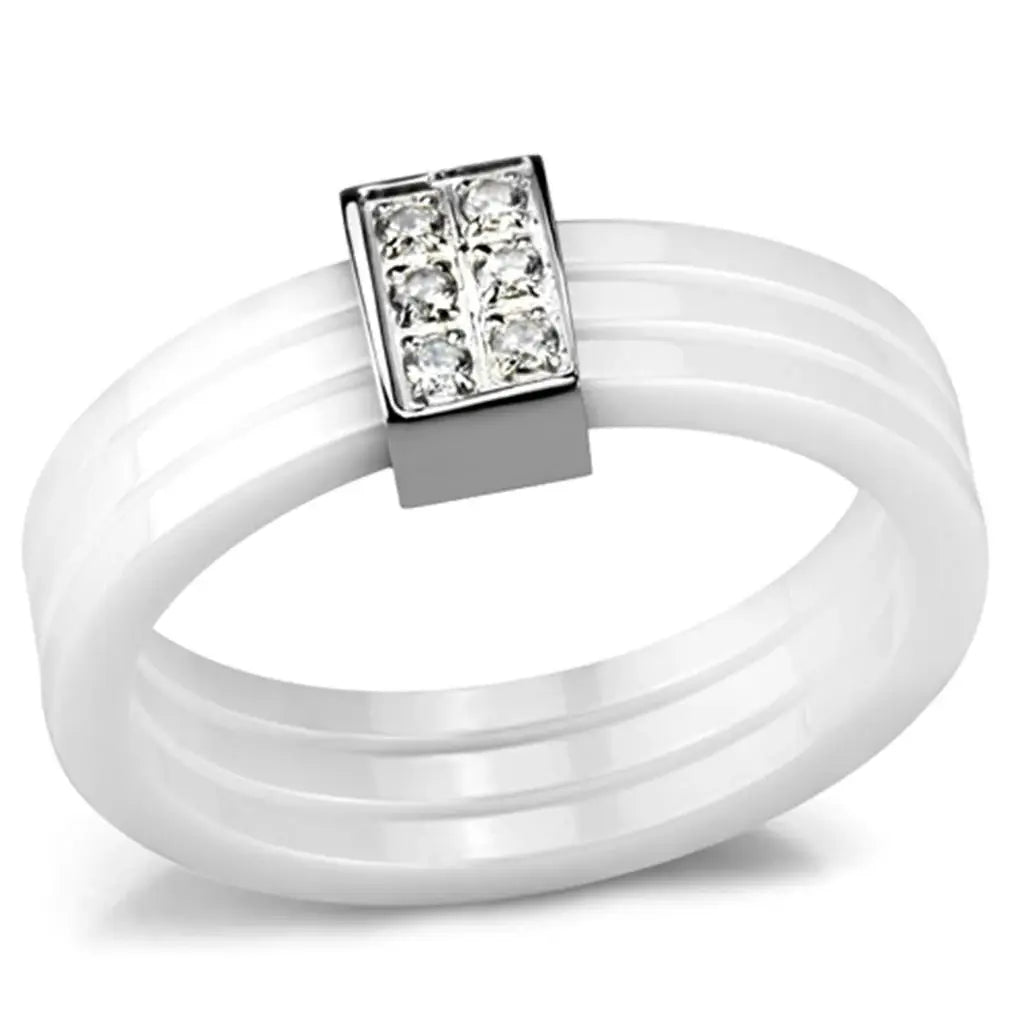 3W981 - High polished (no plating) Stainless Steel Ring with Ceramic in White - Alamode - Flyclothing LLC