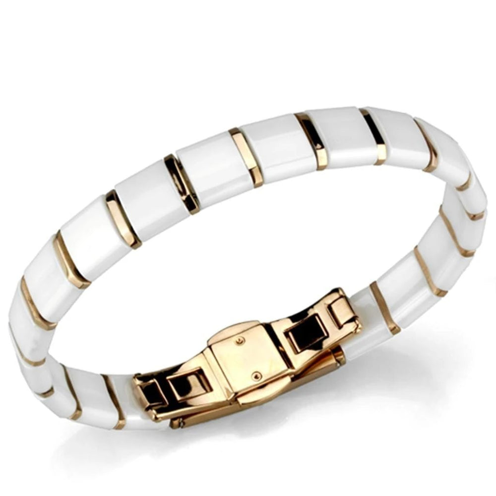 3W987 - IP Rose Gold(Ion Plating) Stainless Steel Bracelet with Ceramic  in White - Alamode