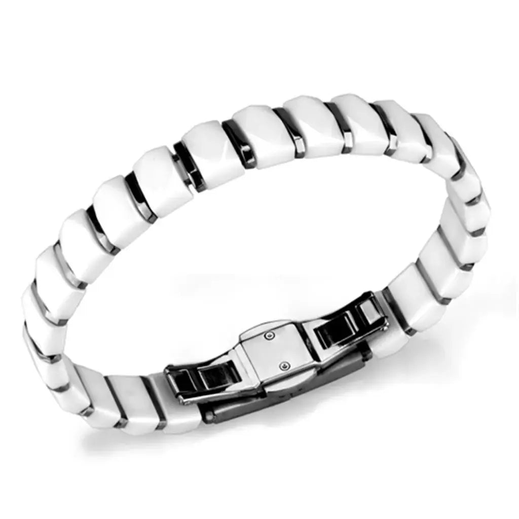 3W991 - High polished (no plating) Stainless Steel Bracelet with Ceramic in White - Alamode - Flyclothing LLC