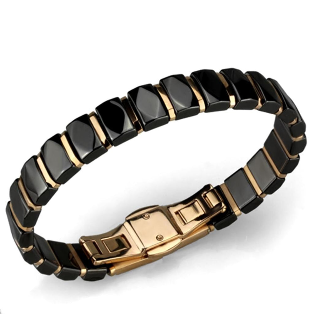 3W992 - IP Rose Gold(Ion Plating) Stainless Steel Bracelet with Ceramic  in Jet - Alamode