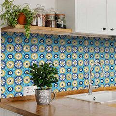 6" X 6" Aqua Floral Peel and Stick Removable  Tiles - Homeroots