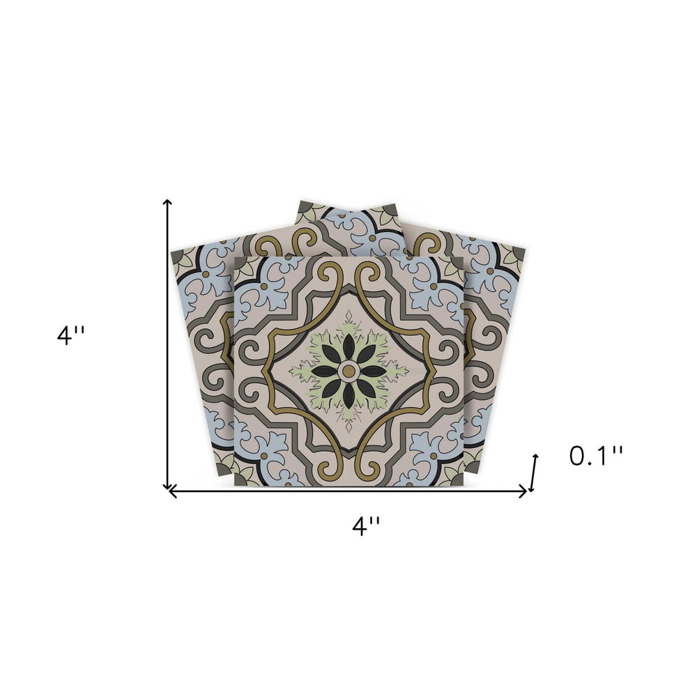 4" X 4" Taupe and Blue Scroll Peel and Stick Tiles - Homeroots - Flyclothing LLC