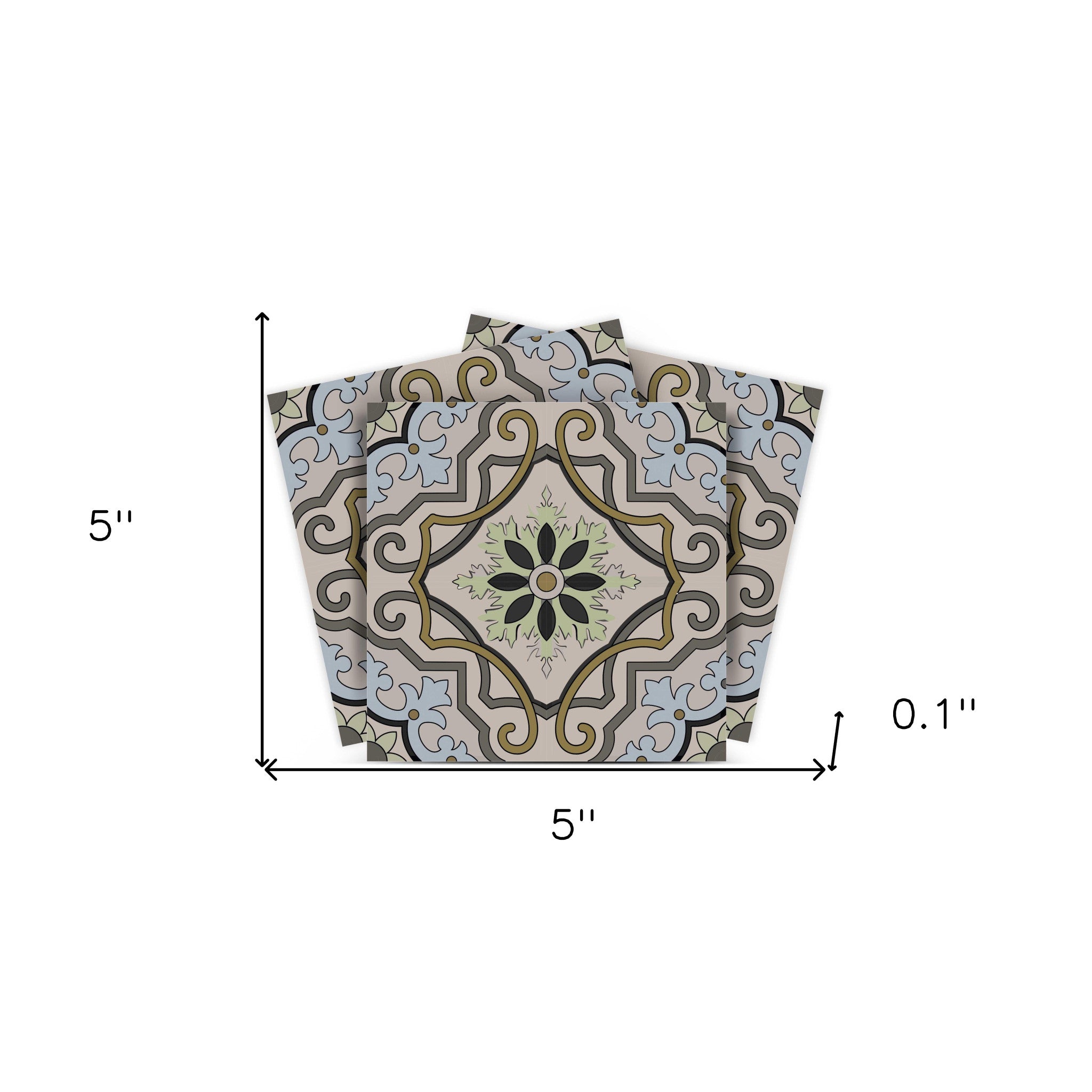 5" X 5" Taupe and Blue Scroll Peel and Stick Tiles