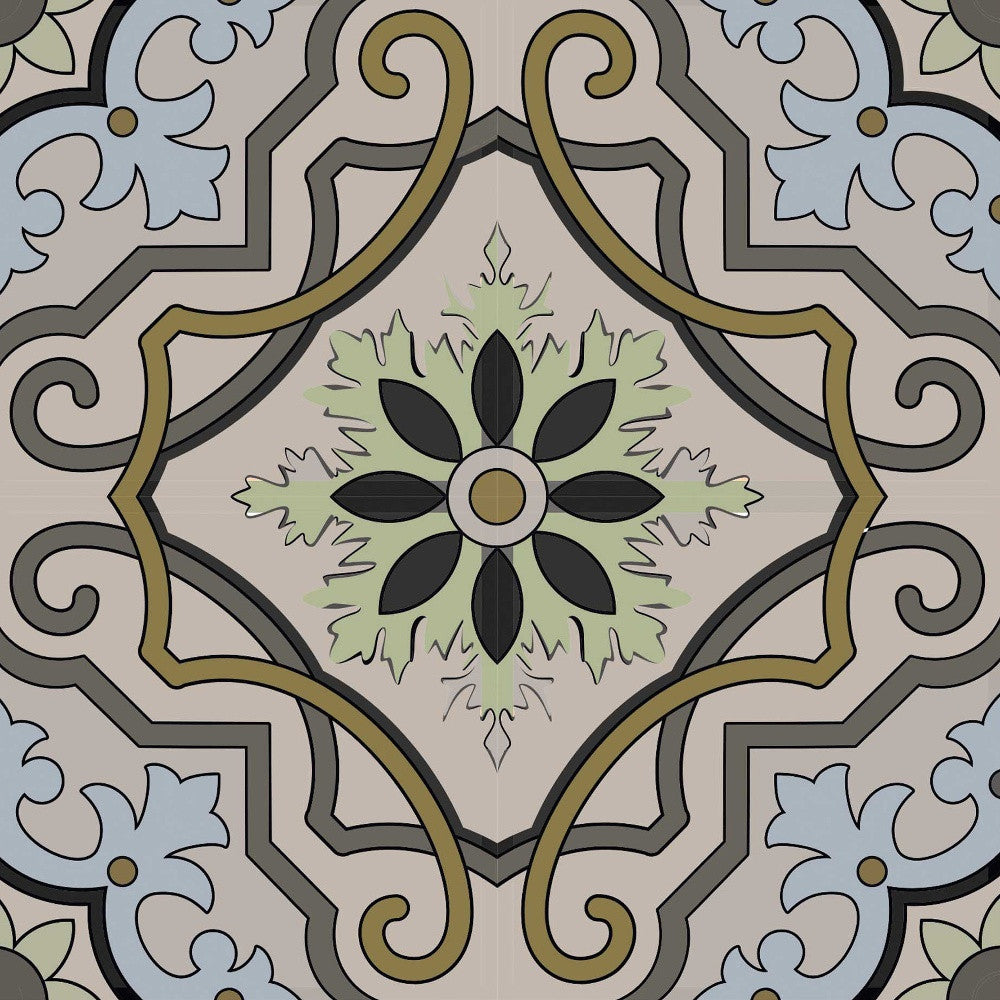 5" X 5" Taupe and Blue Scroll Peel and Stick Tiles