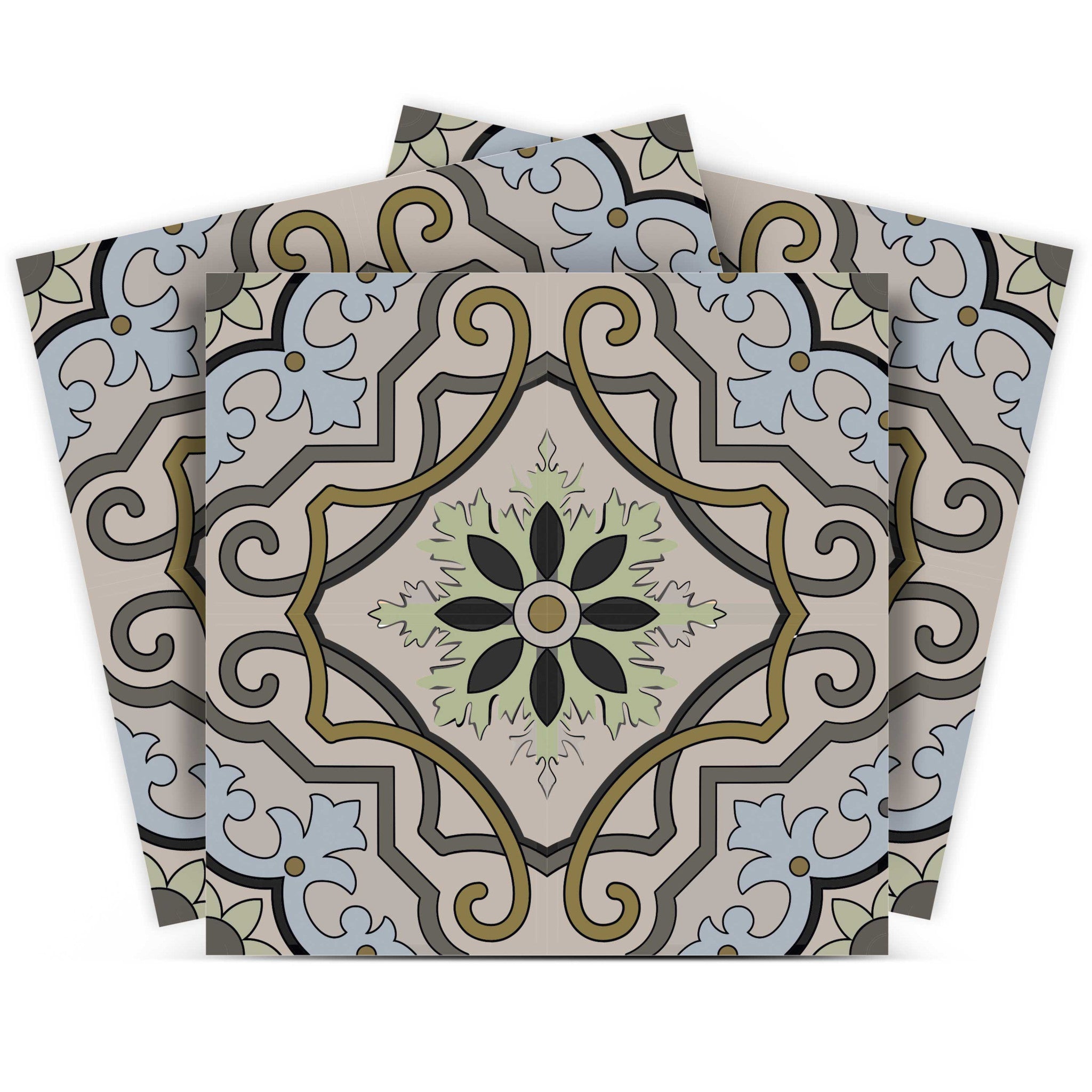 6" X 6" Taupe and Blue Scroll Peel and Stick Tiles - Homeroots - Flyclothing LLC