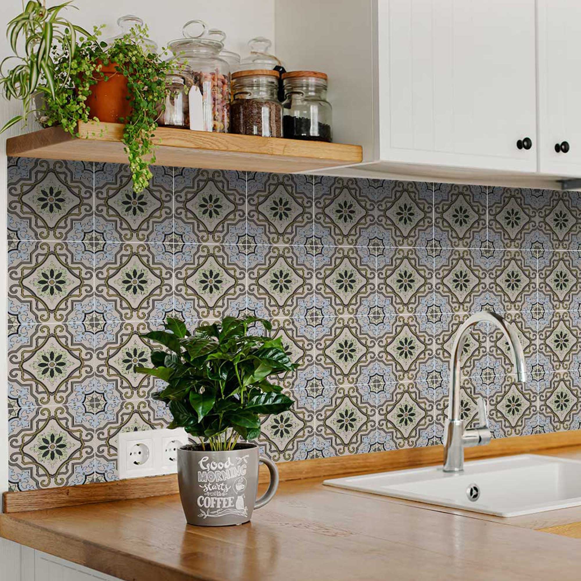6" X 6" Taupe and Blue Scroll Peel and Stick Tiles - Homeroots - Flyclothing LLC