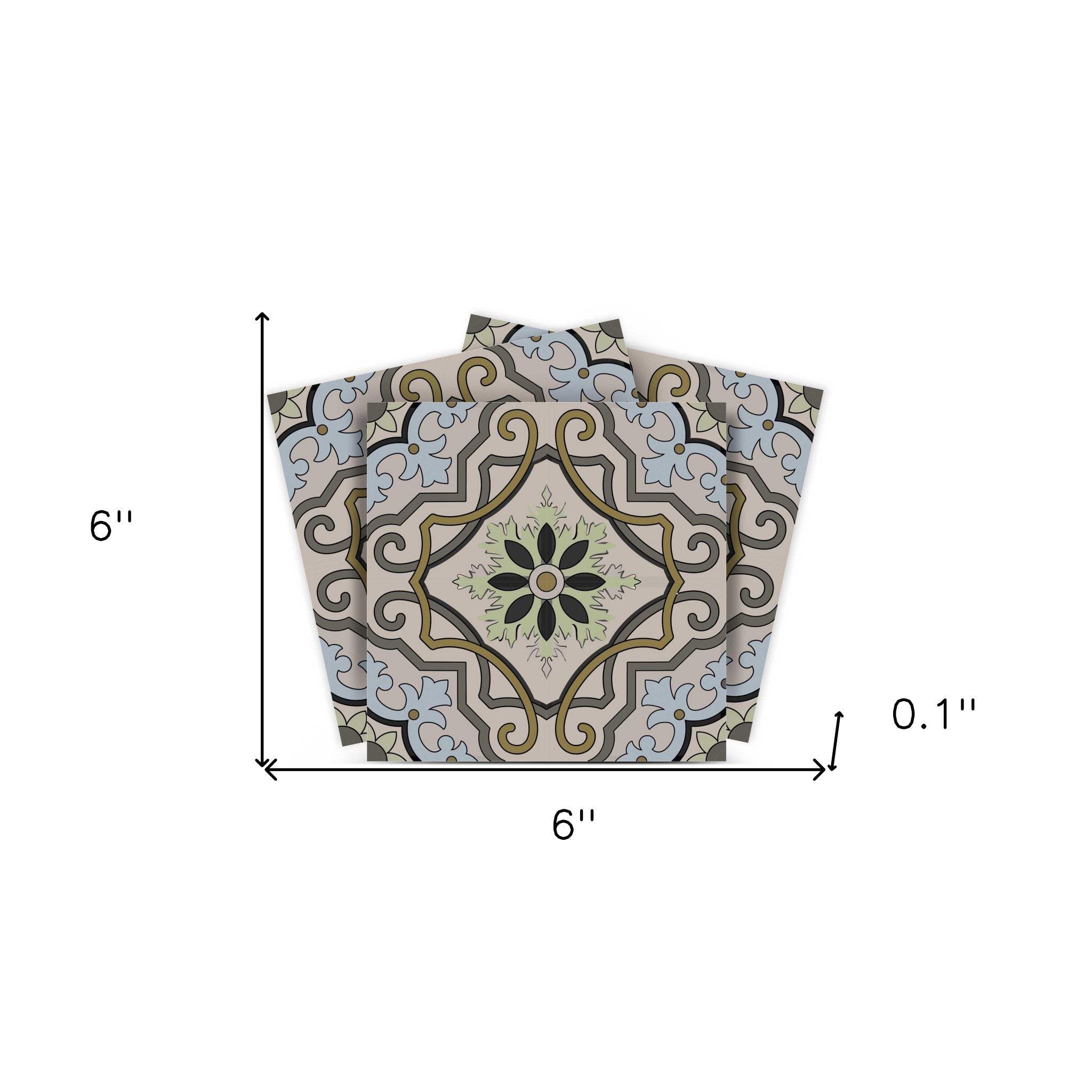 6" X 6" Taupe and Blue Scroll Peel and Stick Tiles - Homeroots - Flyclothing LLC