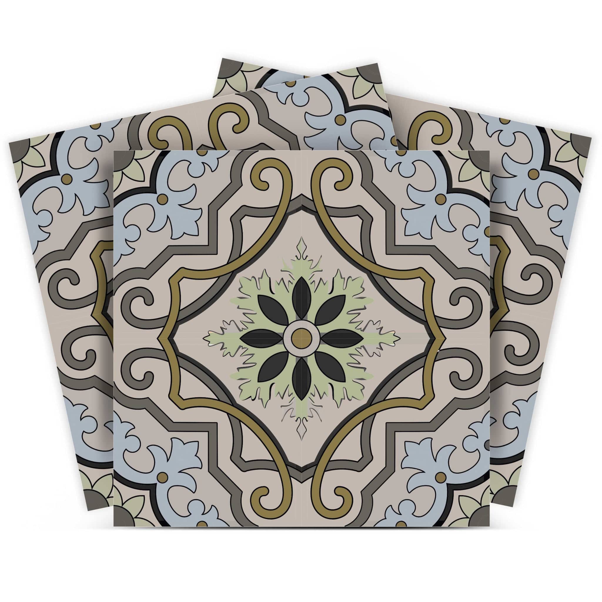 7" X 7" Taupe and Blue Scroll Peel and Stick Tiles - Homeroots
