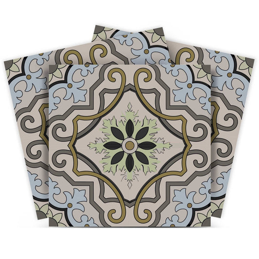 7" X 7" Taupe and Blue Scroll Peel and Stick Tiles - Homeroots
