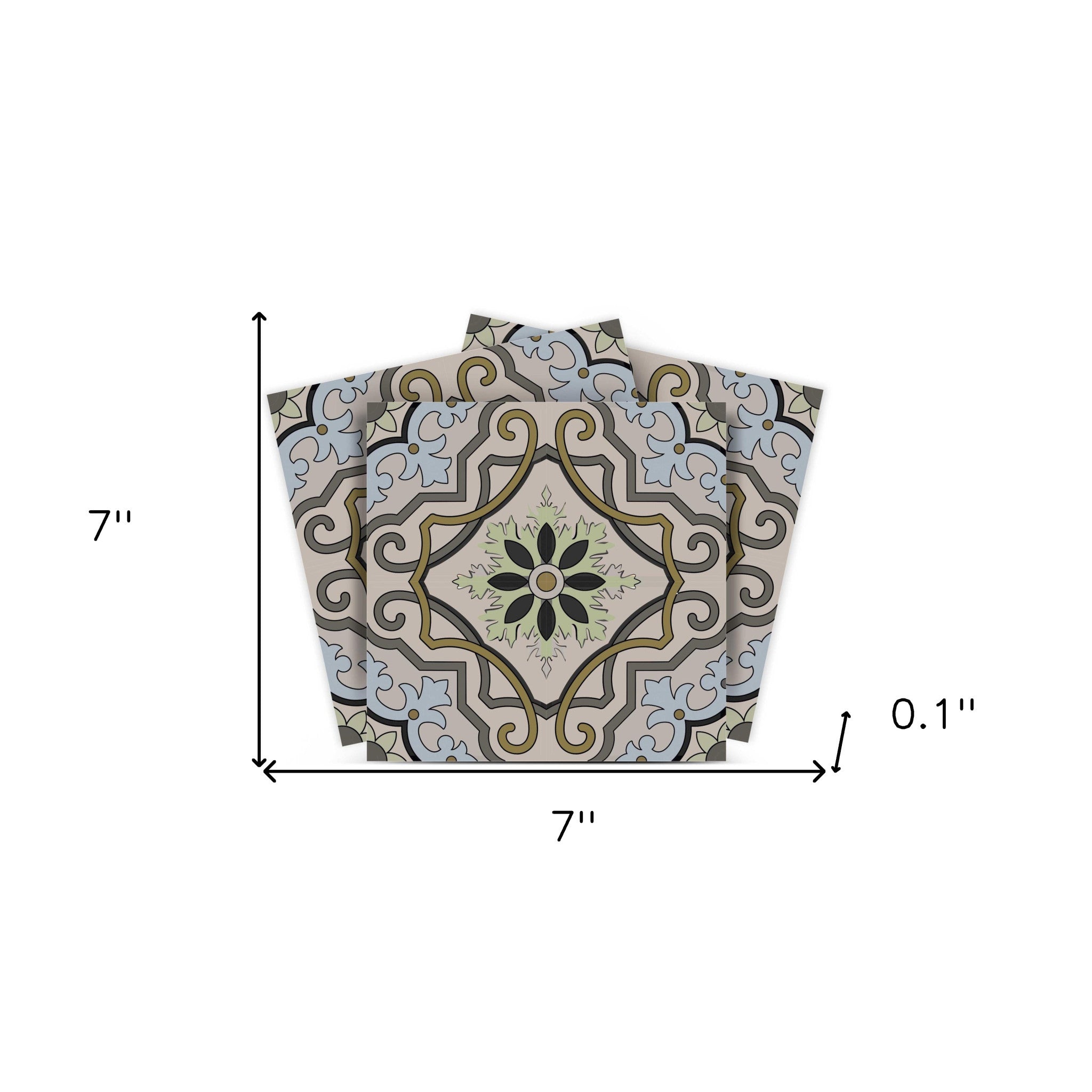 7" X 7" Taupe and Blue Scroll Peel and Stick Tiles