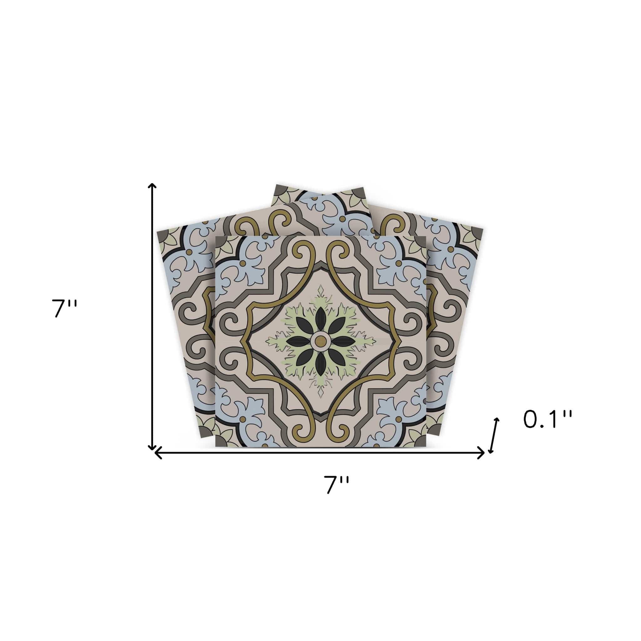 7" X 7" Taupe and Blue Scroll Peel and Stick Tiles - Homeroots - Flyclothing LLC