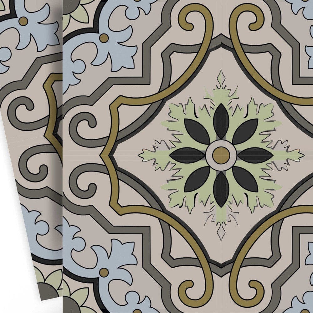 7" X 7" Taupe and Blue Scroll Peel and Stick Tiles - Homeroots - Flyclothing LLC