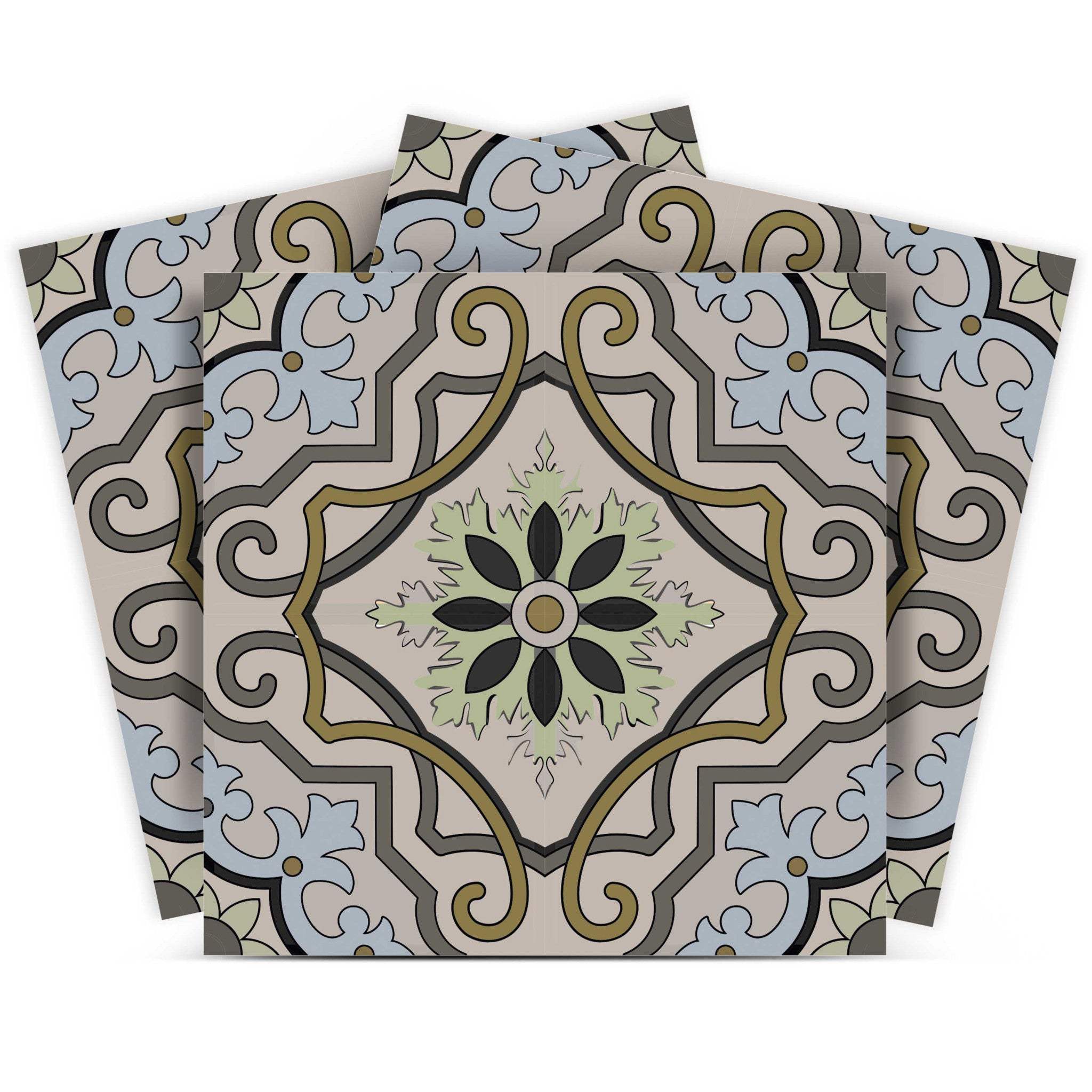 7" X 7" Taupe and Blue Scroll Peel and Stick Tiles - Homeroots - Flyclothing LLC