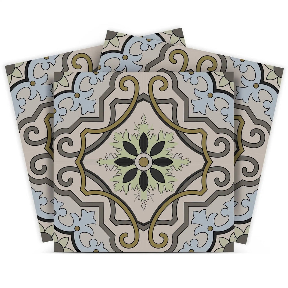 7" X 7" Taupe and Blue Scroll Peel and Stick Tiles - Homeroots - Flyclothing LLC