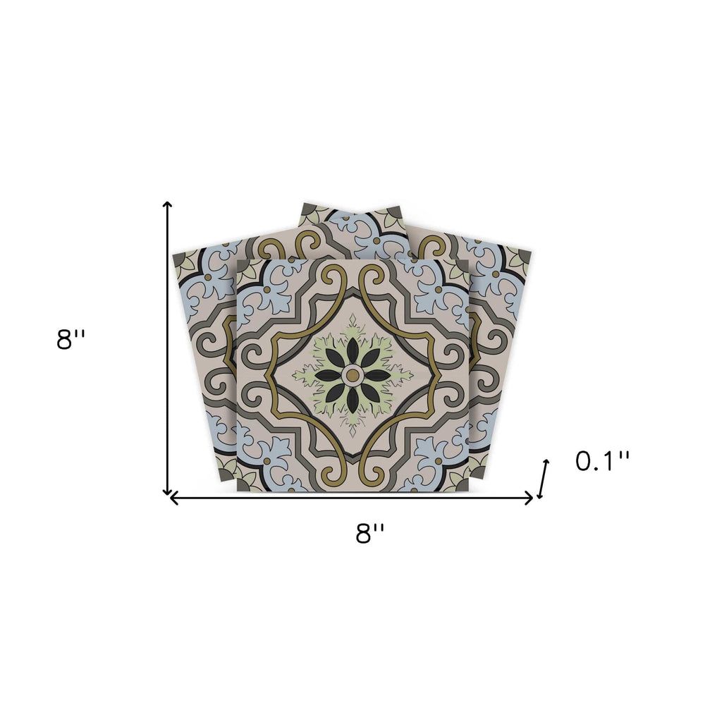 8" X 8" Taupe and Blue Scroll Peel and Stick Tiles - Homeroots - Flyclothing LLC