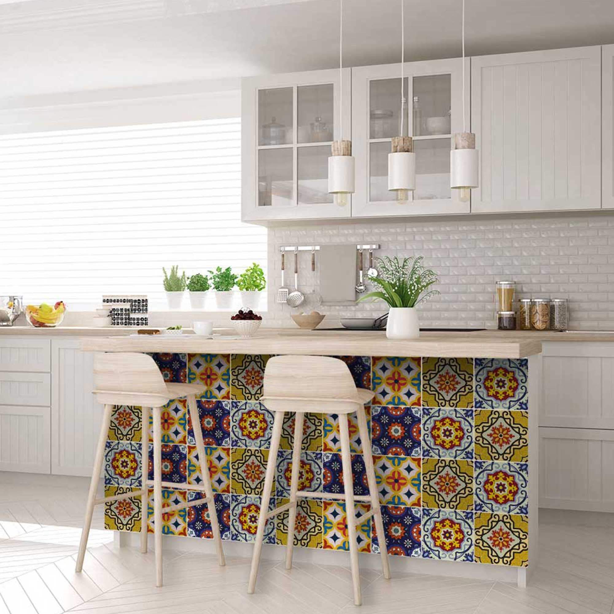 7" X 7" Blue And Yellow Mosaic Peel And Stick Removable Tiles - Homeroots - Flyclothing LLC
