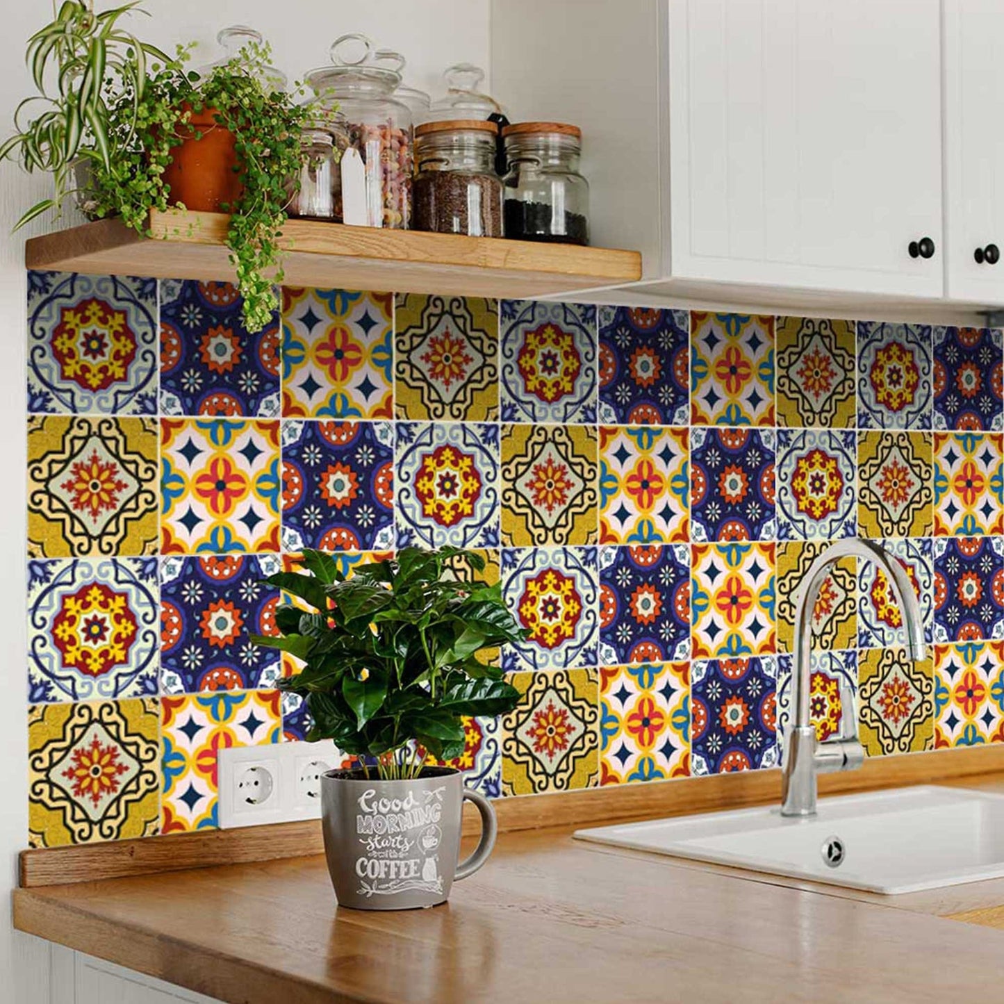 8" X 8" Blue And Yellow Mosaic Peel And Stick Removable Tiles - Homeroots - Flyclothing LLC