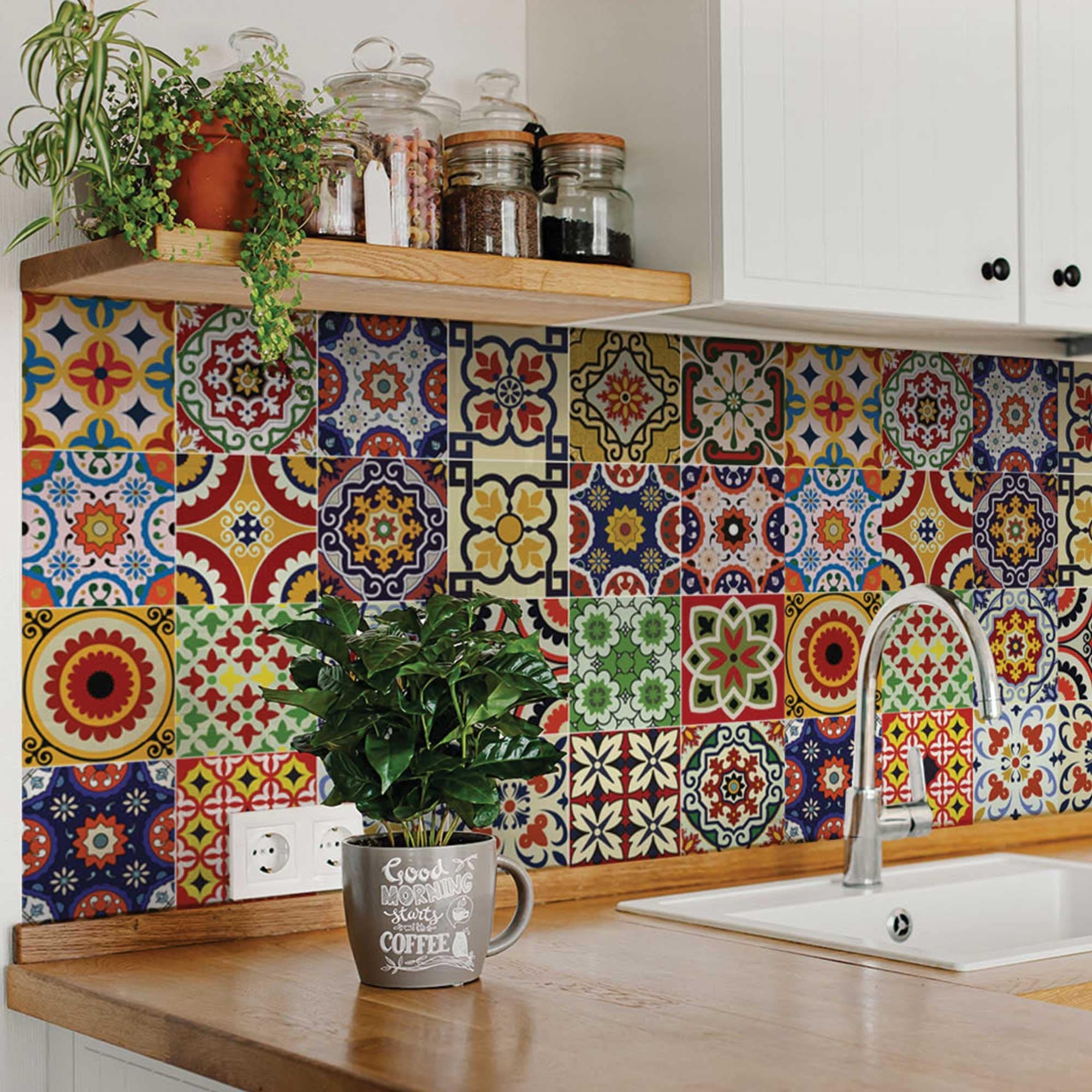 8" X 8" Blue Red Yellow Mosaic Peel And Stick Tiles - Homeroots - Flyclothing LLC