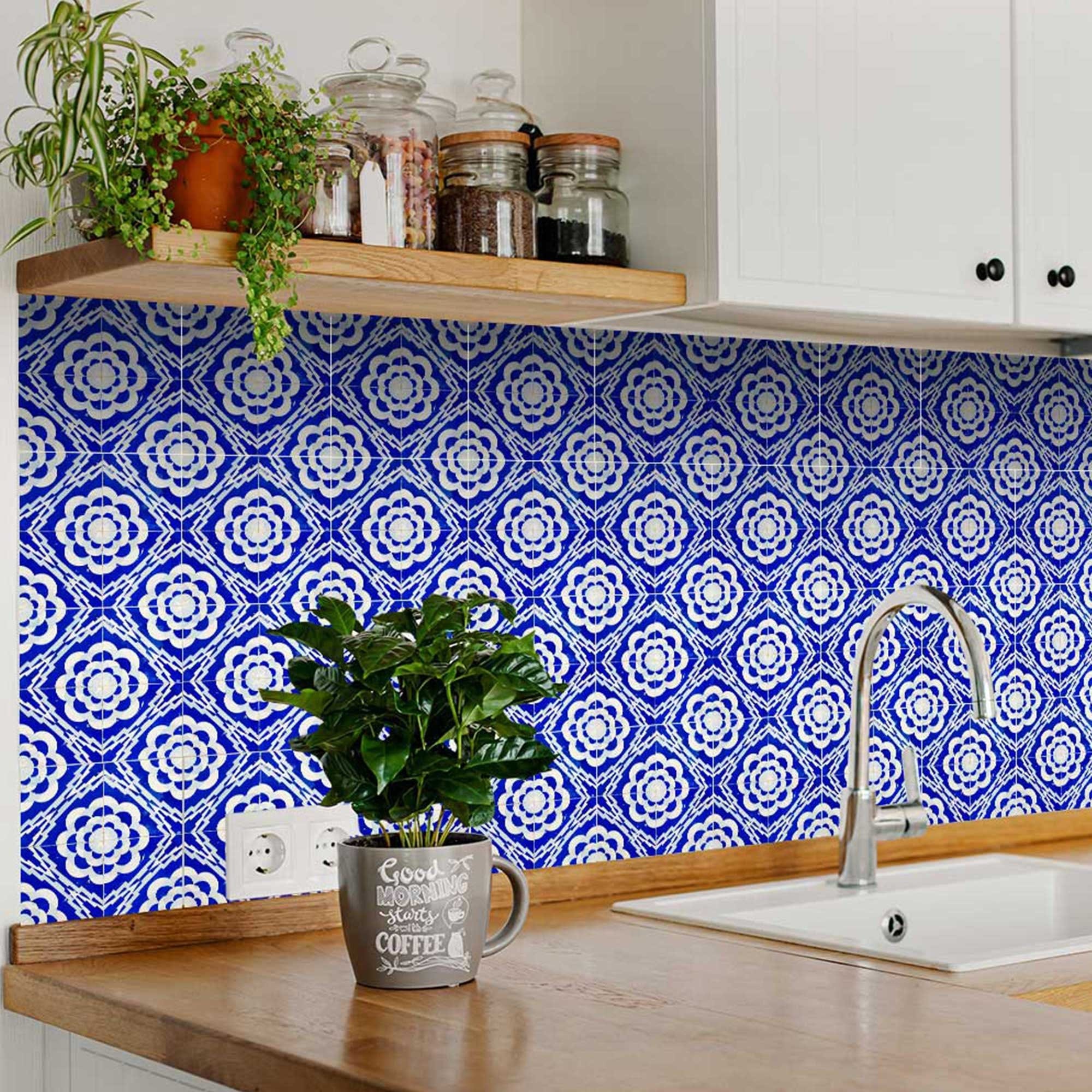 6" X 6" Blue And White Gerbera Peel And Stick Removable Tiles - Homeroots