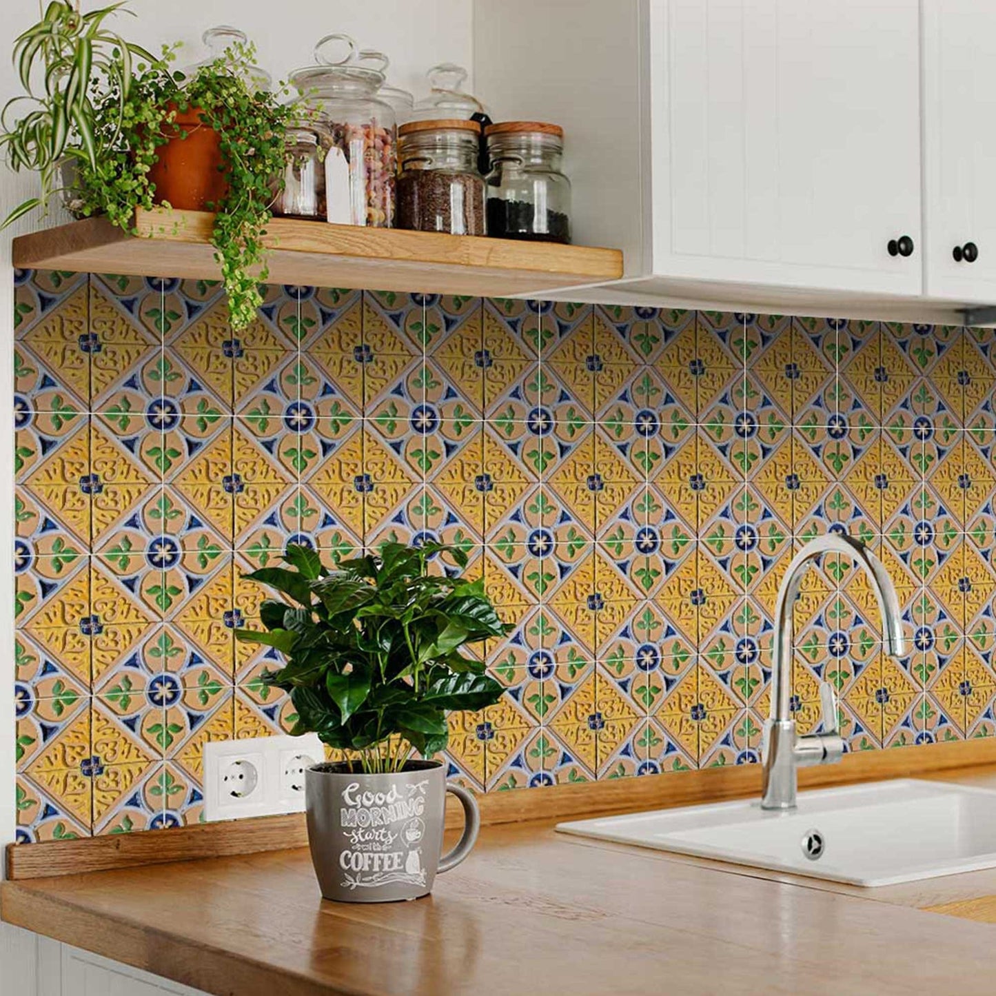 7" X 7" Yellow Blue Provence Peel and Stick Removable Tiles - Homeroots - Flyclothing LLC