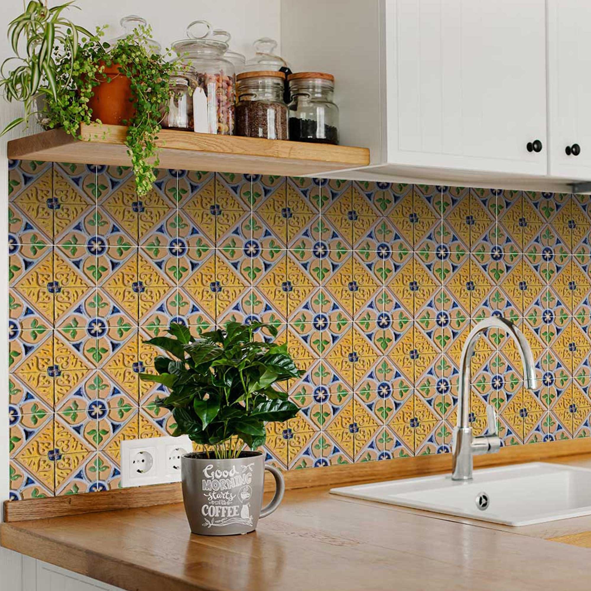 7" X 7" Yellow Blue Provence Peel and Stick Removable Tiles - Homeroots - Flyclothing LLC