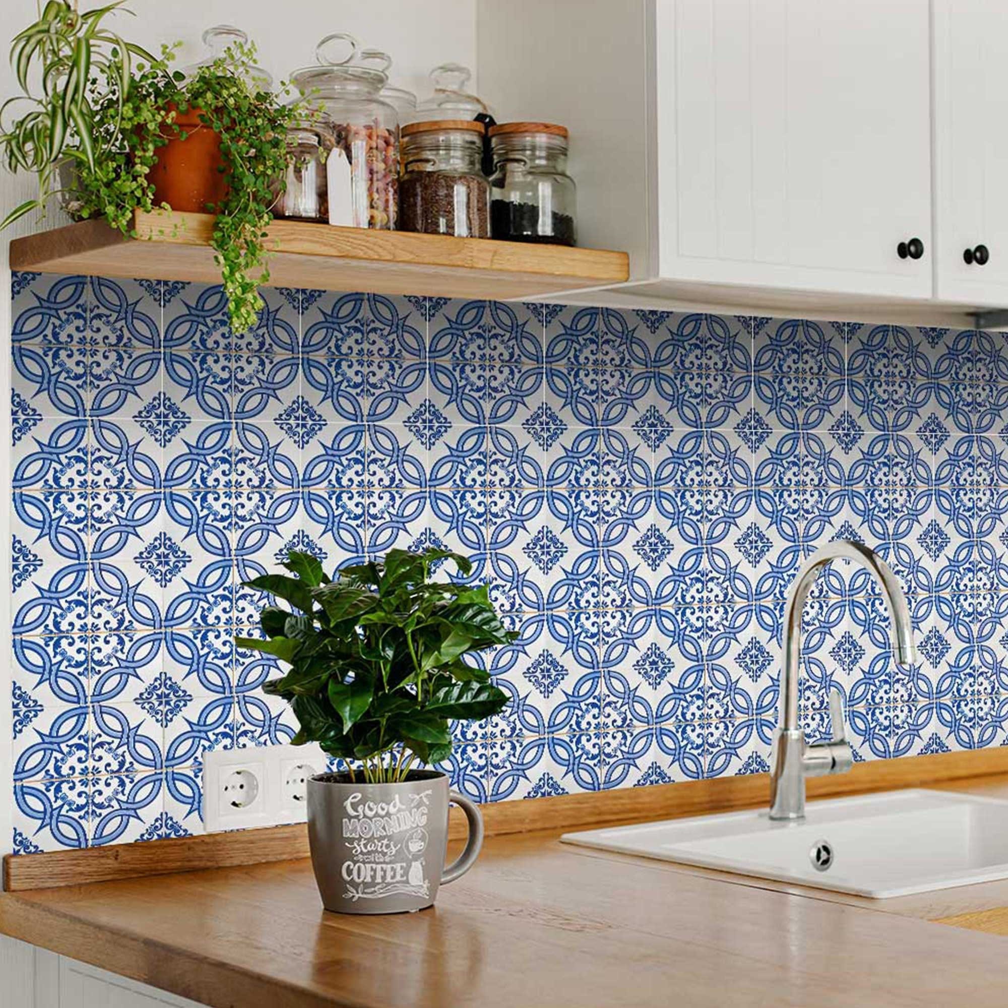 7" X 7" Blue and White Valencia Peel And Stick Tiles - Homeroots - Flyclothing LLC