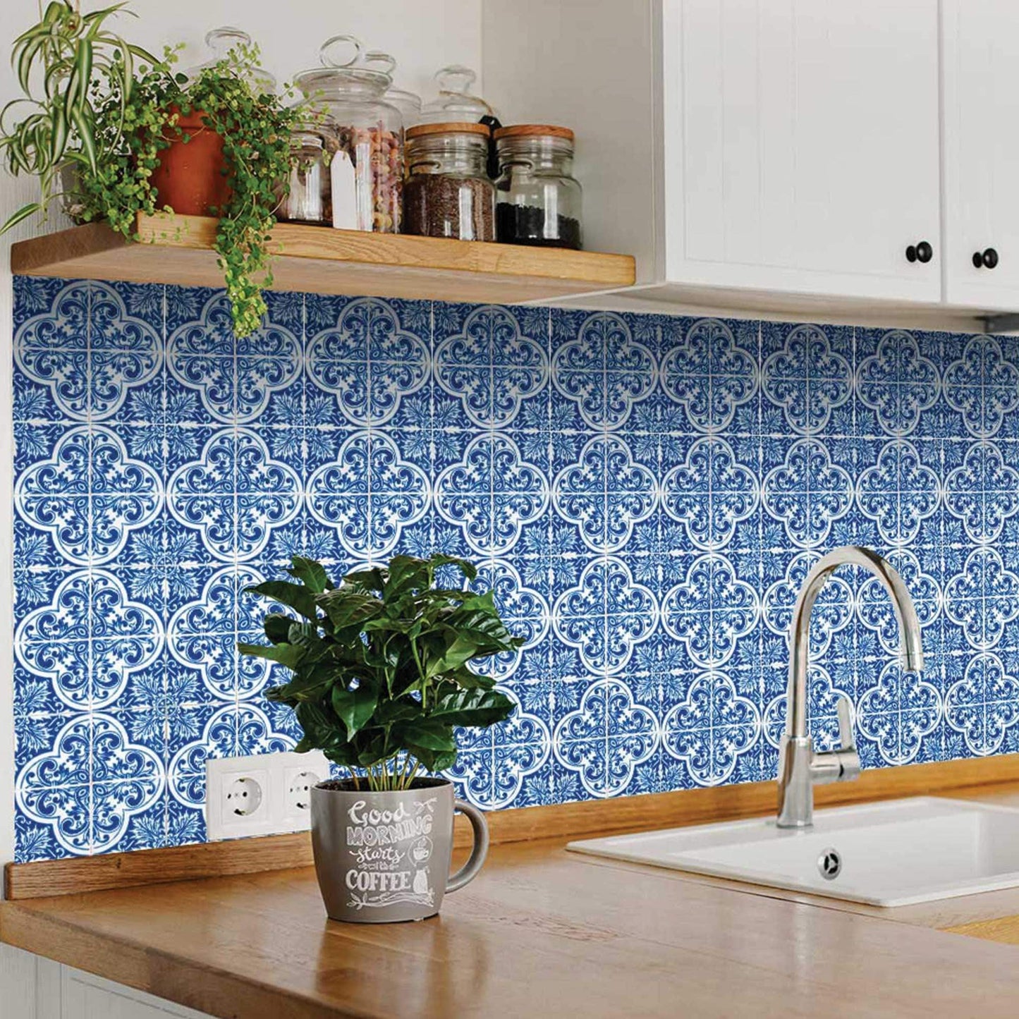 6" X 6" Blue and White Cross Peel And Stick Tiles - Homeroots - Flyclothing LLC