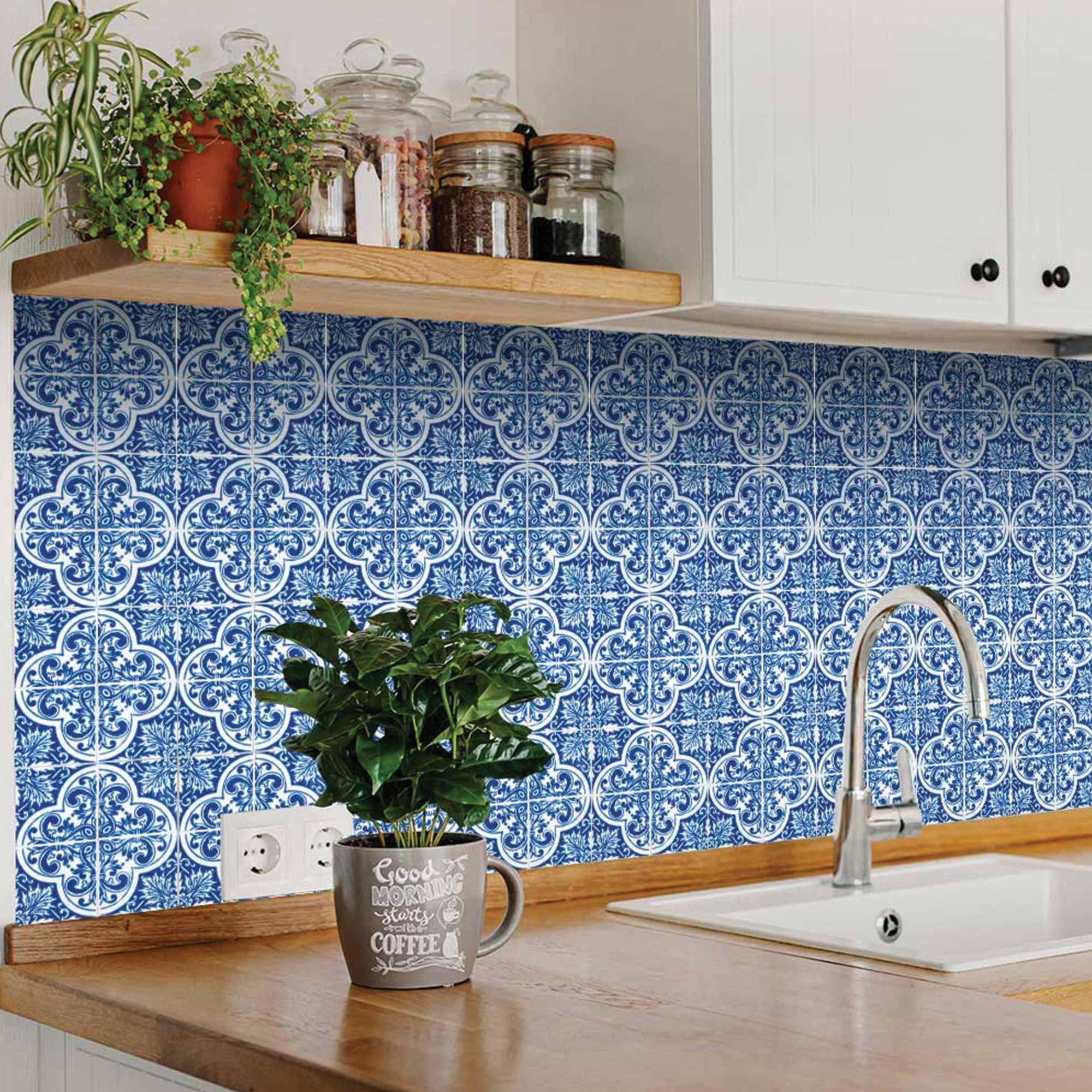 6" X 6" Blue and White Cross Peel And Stick Tiles - Homeroots - Flyclothing LLC