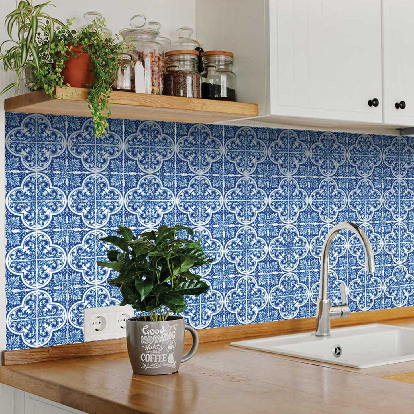 8" X 8" Blue and White Cross Peel And Stick Tiles - Homeroots - Flyclothing LLC