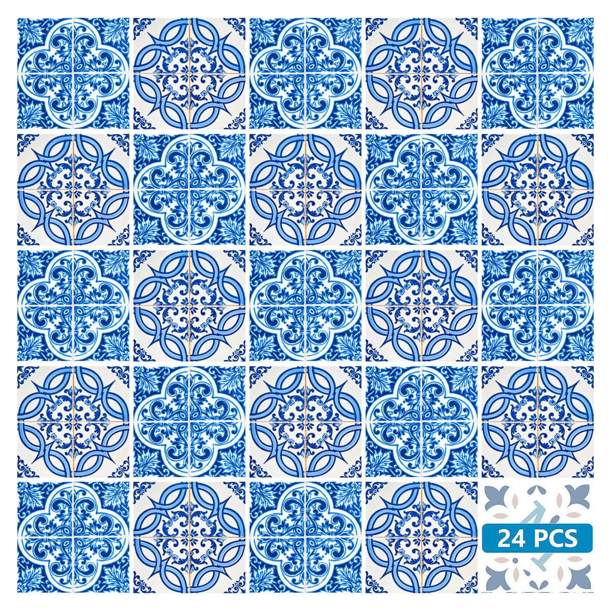 5" X 5" Blue and White Medi Peel And Stick Tiles - Homeroots - Flyclothing LLC