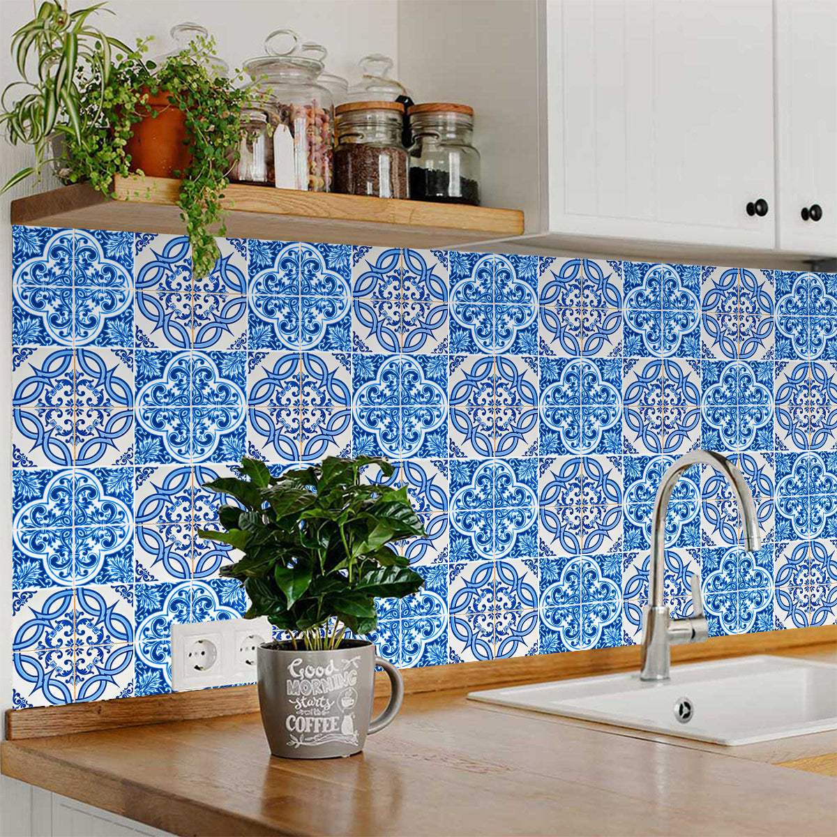 5" X 5" Blue and White Medi Peel And Stick Tiles - Homeroots - Flyclothing LLC