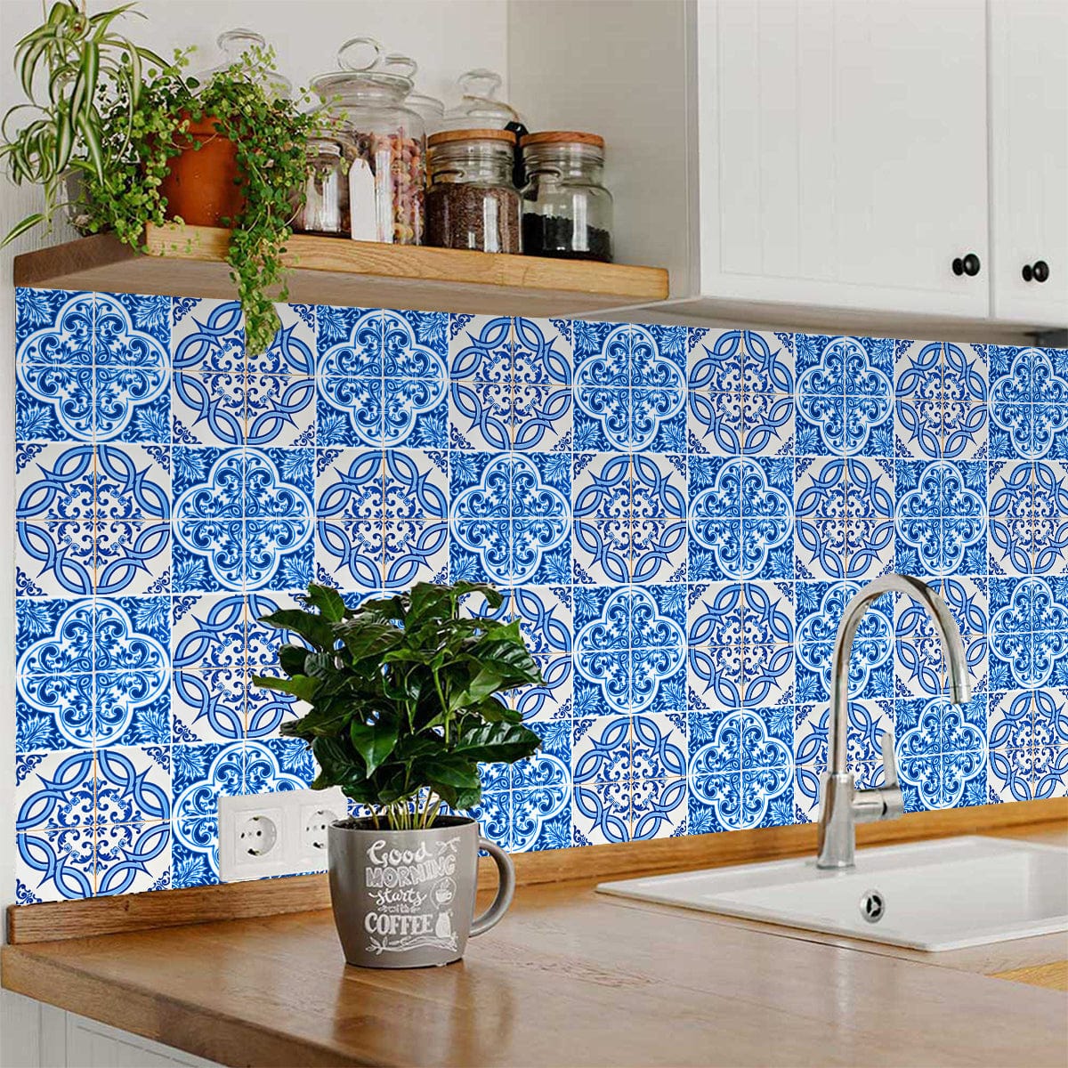 7" X 7" Blue and White Medi Peel And Stick Tiles - Homeroots - Flyclothing LLC