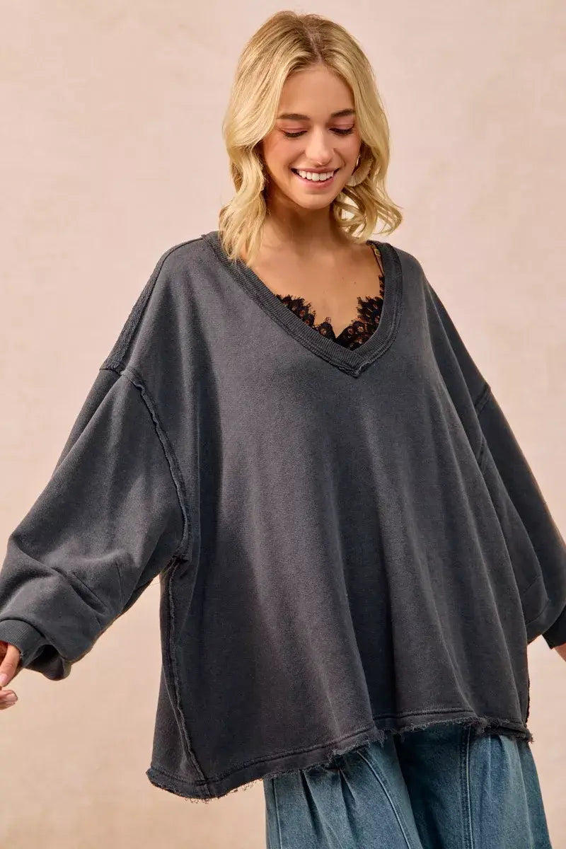 BiBi Mineral Washed French Terry Oversized Sweatshirt - Trendsi - Flyclothing LLC