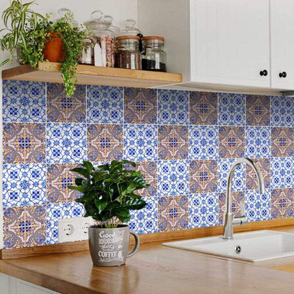 5" X 5" Blue and Muted Taupe Peel And Stick Tiles - Homeroots - Flyclothing LLC