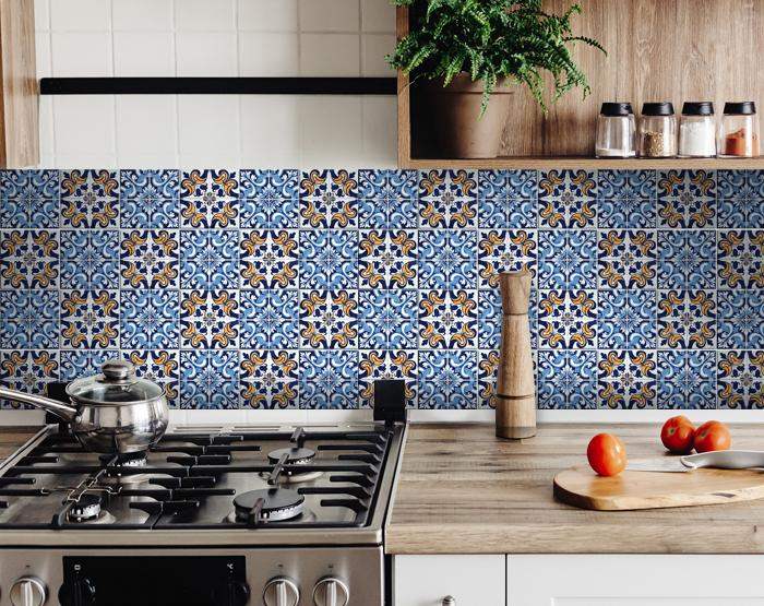 4" X 4" Blue White Golden Peel And Stick Tiles - Homeroots - Flyclothing LLC