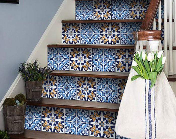 4" X 4" Blue White Golden Peel And Stick Tiles - Homeroots - Flyclothing LLC