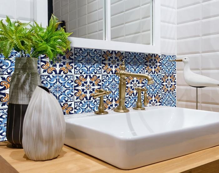 4" X 4" Blue White Golden Peel And Stick Tiles - Homeroots - Flyclothing LLC