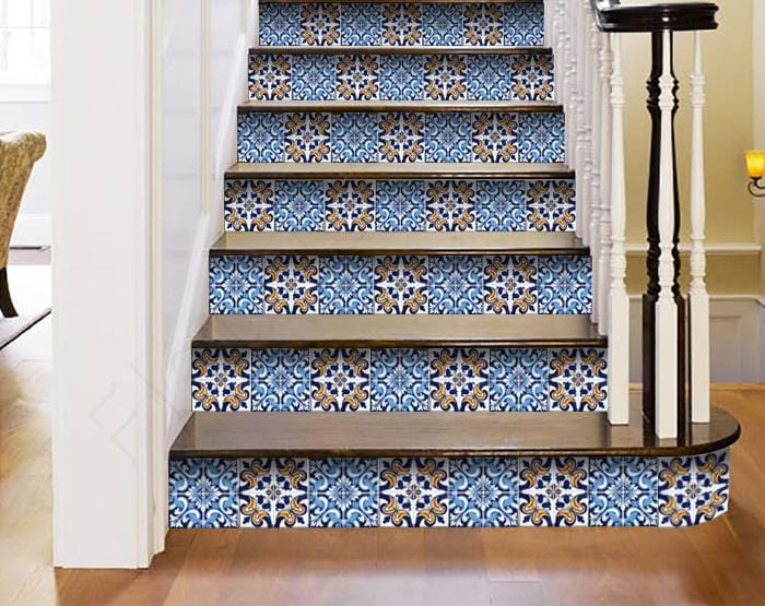 6" X 6" Blue White Golden Peel and Stick Tiles - Homeroots - Flyclothing LLC