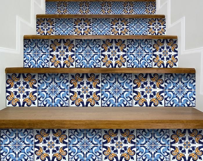 6" X 6" Blue White Golden Peel and Stick Tiles - Homeroots - Flyclothing LLC