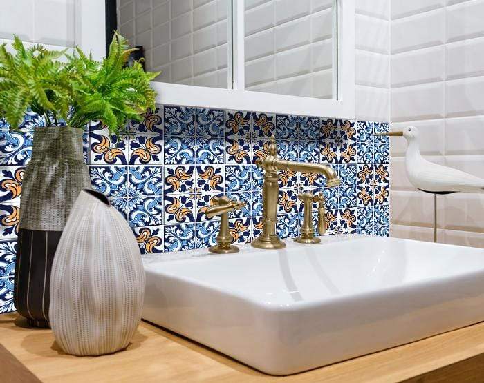 6" X 6" Blue White Golden Peel and Stick Tiles - Homeroots - Flyclothing LLC