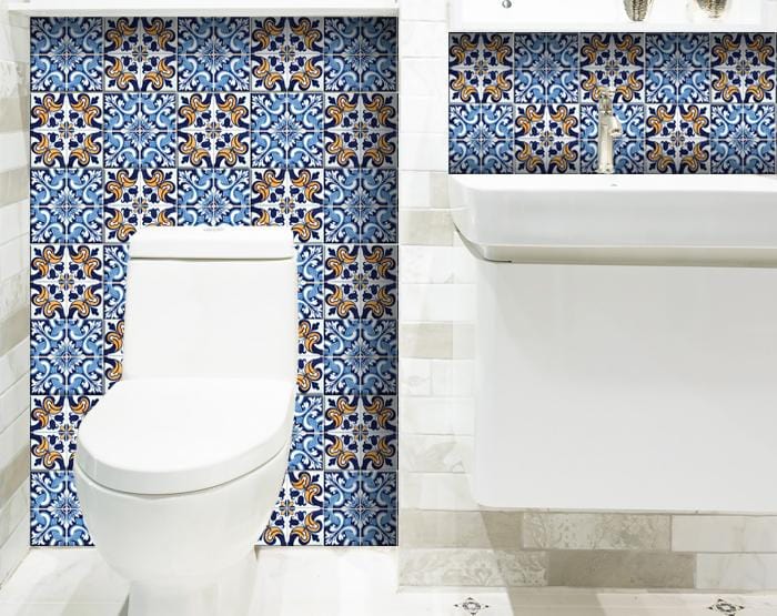 7" X 7" Blue White Golden Peel and Stick Tiles - Homeroots