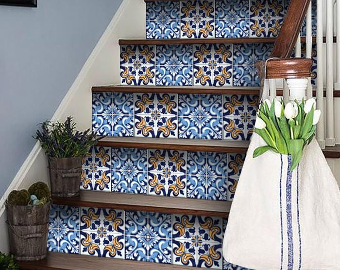 8" X 8" Blue White Golden Peel and Stick Tiles - Homeroots - Flyclothing LLC
