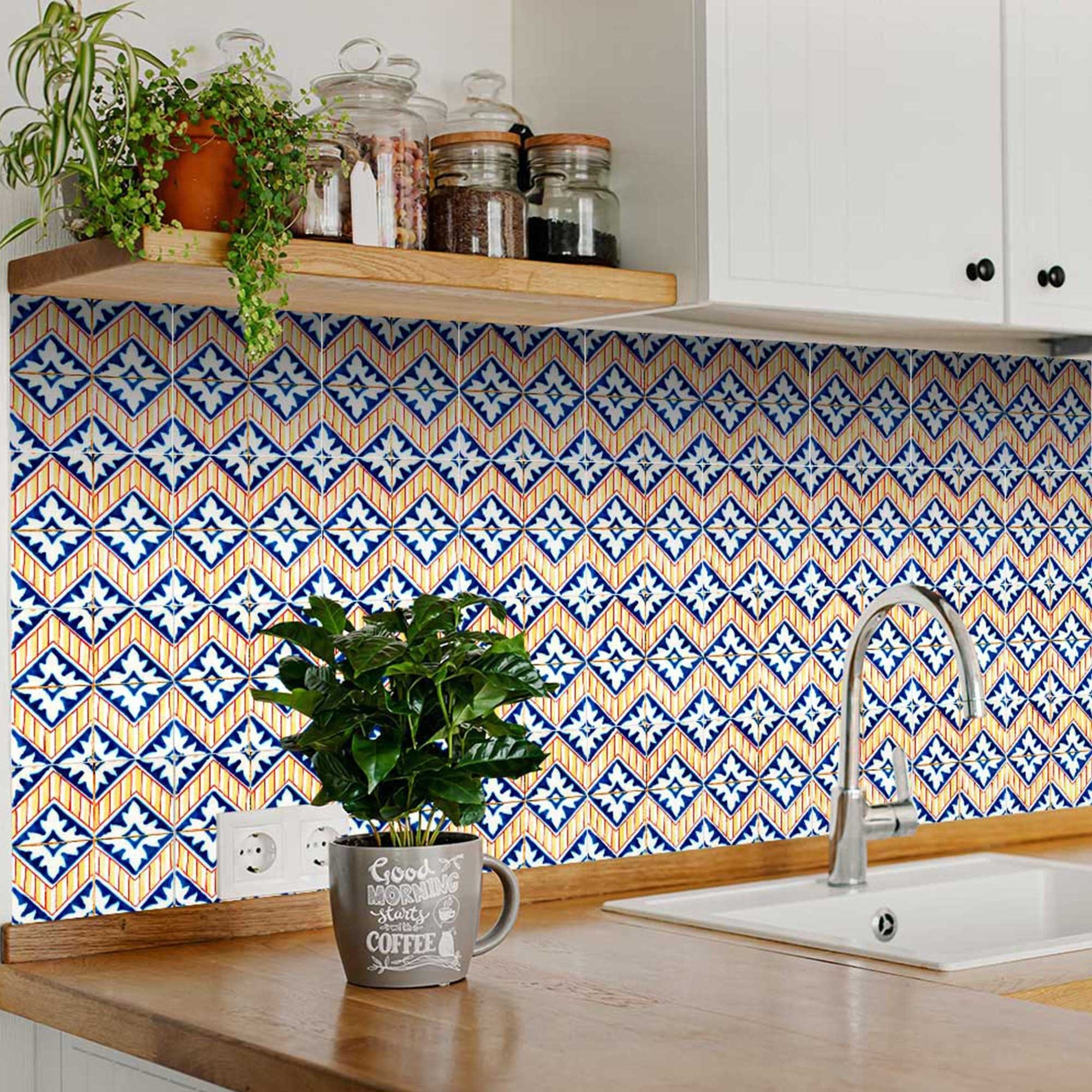 6" X 6" Blue Yellow Zig Peel and Stick Tiles - Homeroots - Flyclothing LLC