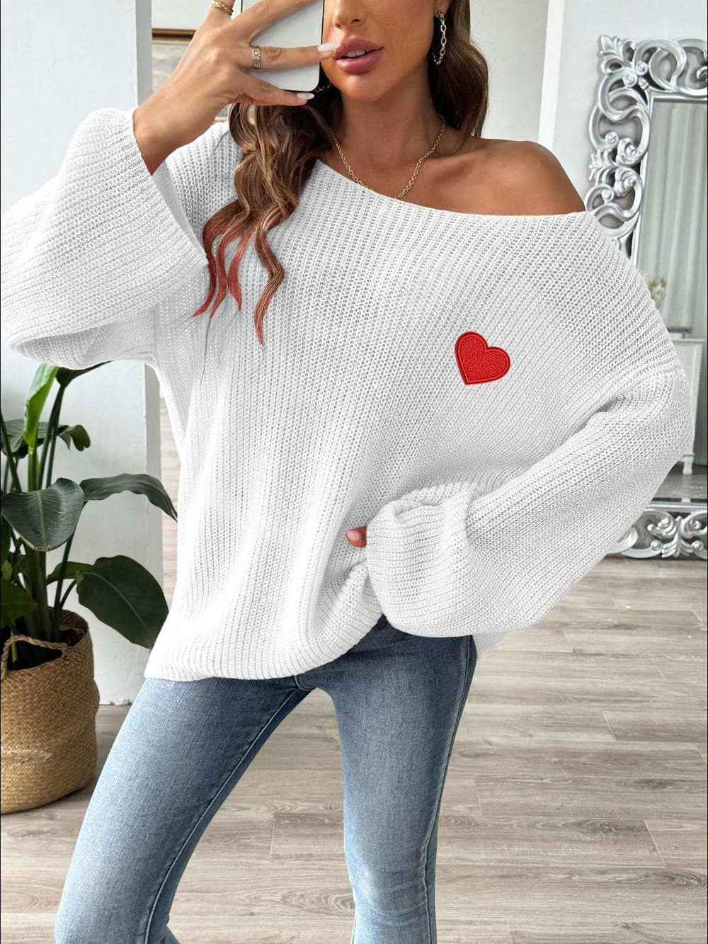 Heart Boat Neck Dropped Shoulder Sweater - Trendsi - Flyclothing LLC