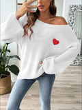 Heart Boat Neck Dropped Shoulder Sweater - Trendsi - Flyclothing LLC