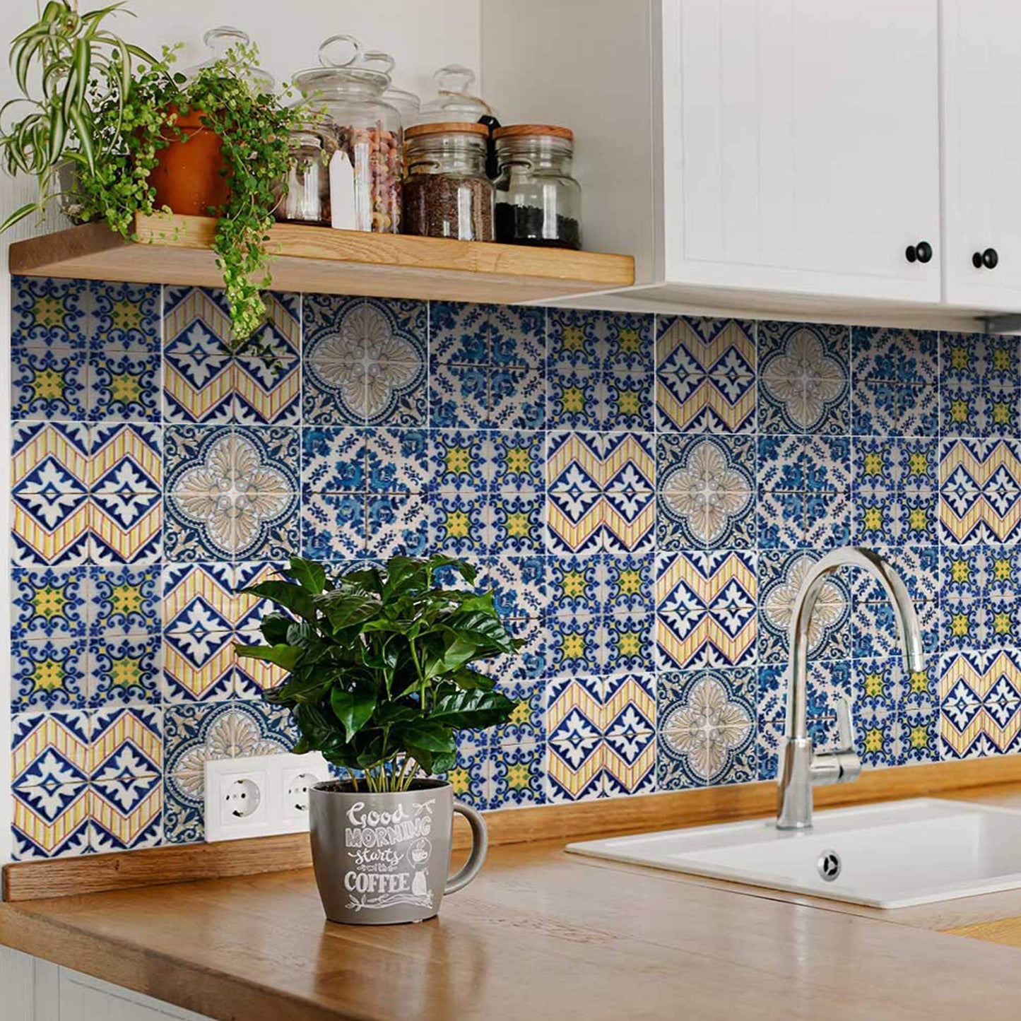 4" X 4" Blue Yellow Julia Peel And Stick Tiles - Homeroots - Flyclothing LLC
