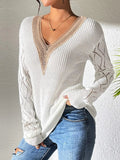 Openwork V-Neck Long Sleeve Sweater - Trendsi
