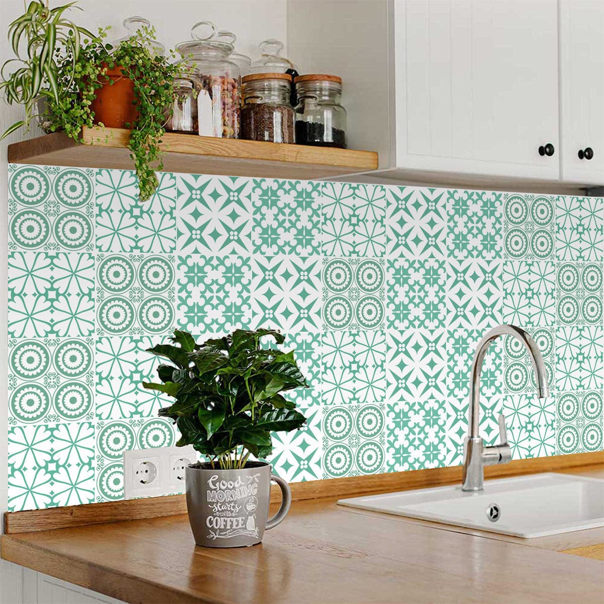 5" x 5" Light Green And White Geo Peel and Stick Removable Tiles - Homeroots - Flyclothing LLC