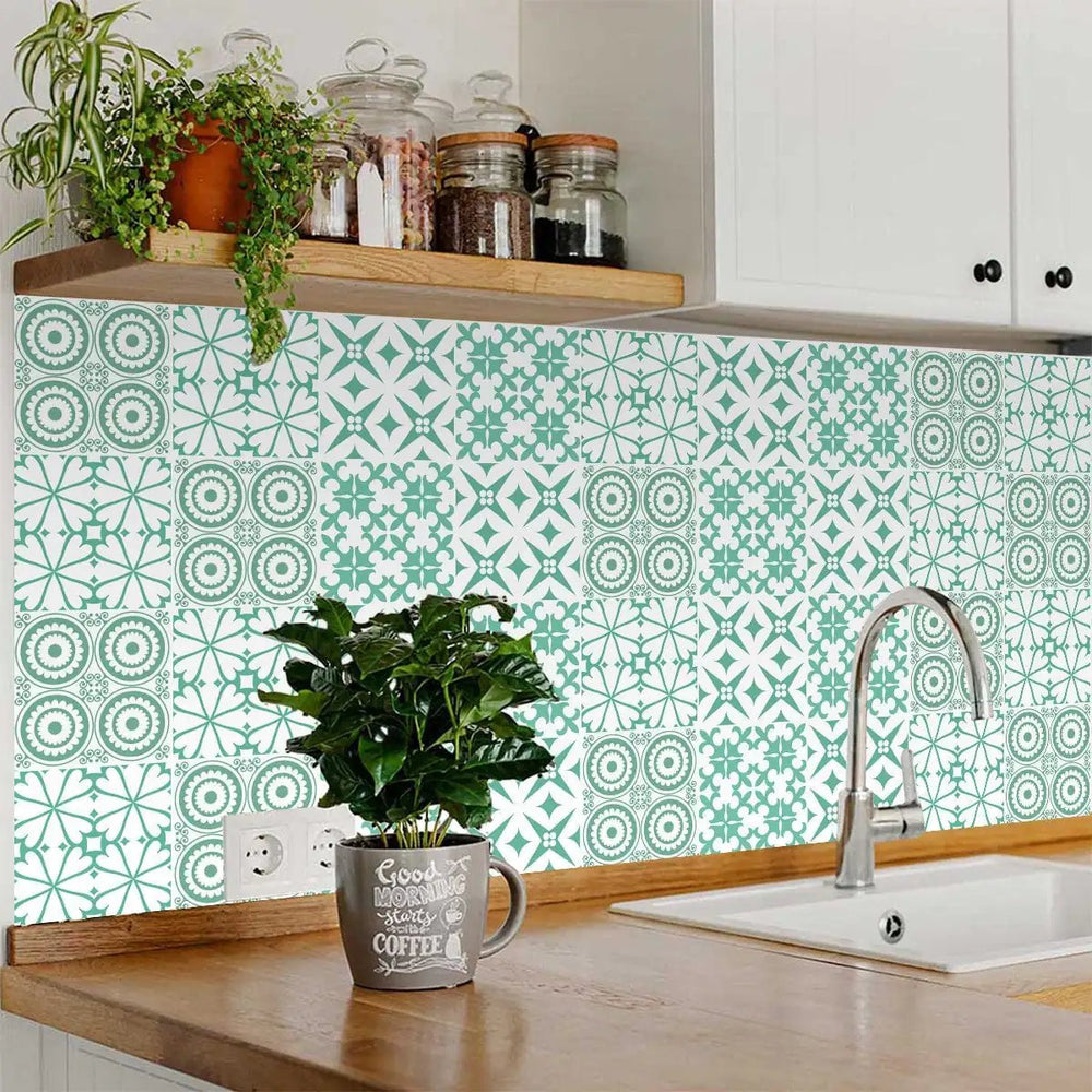 6" x 6" Light Green And White Geo Peel and Stick Removable Tiles - Homeroots